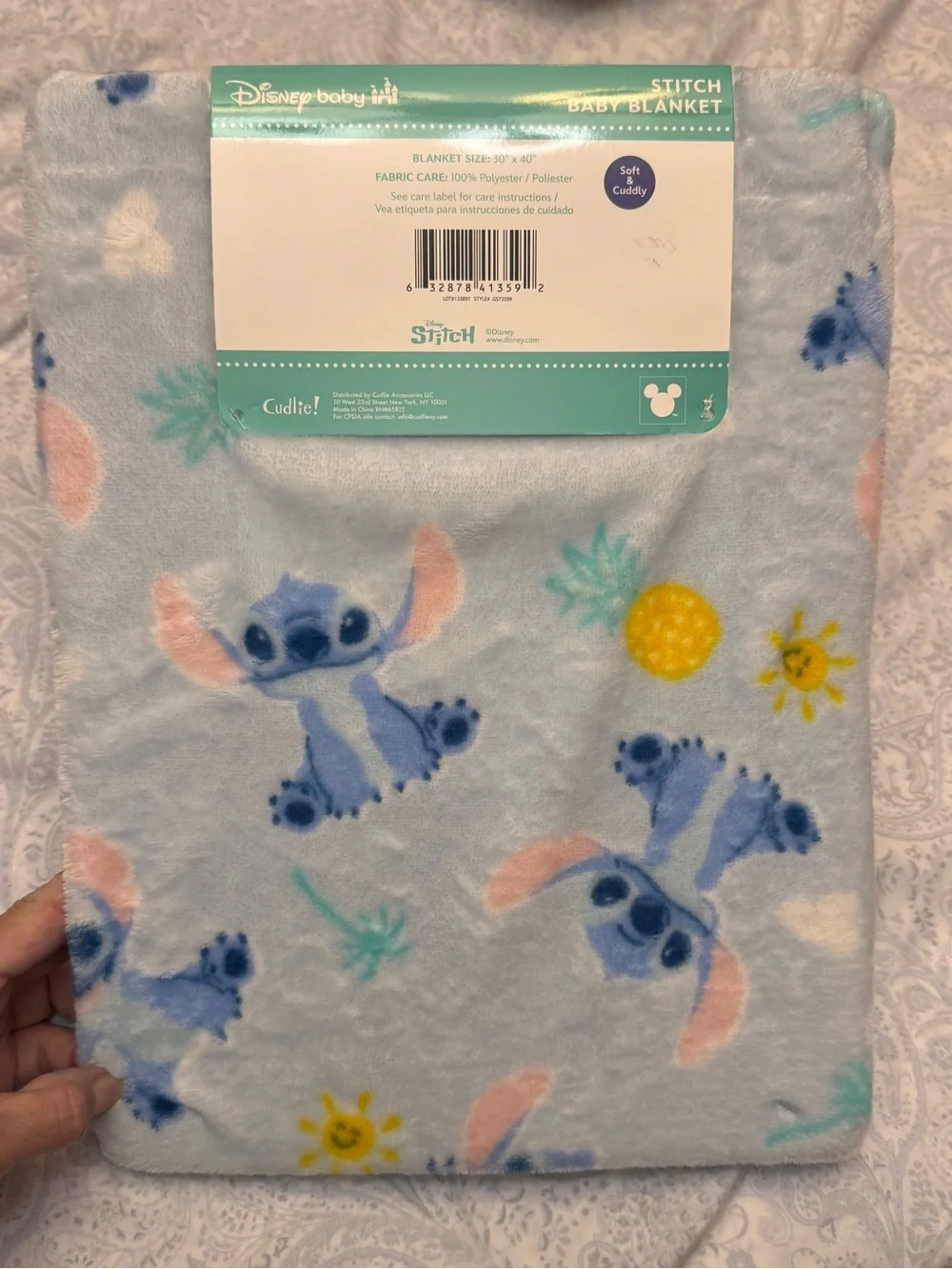 Disney Baby Light Blue Stitch Plush Blanket with Yellow Pineapple Accents